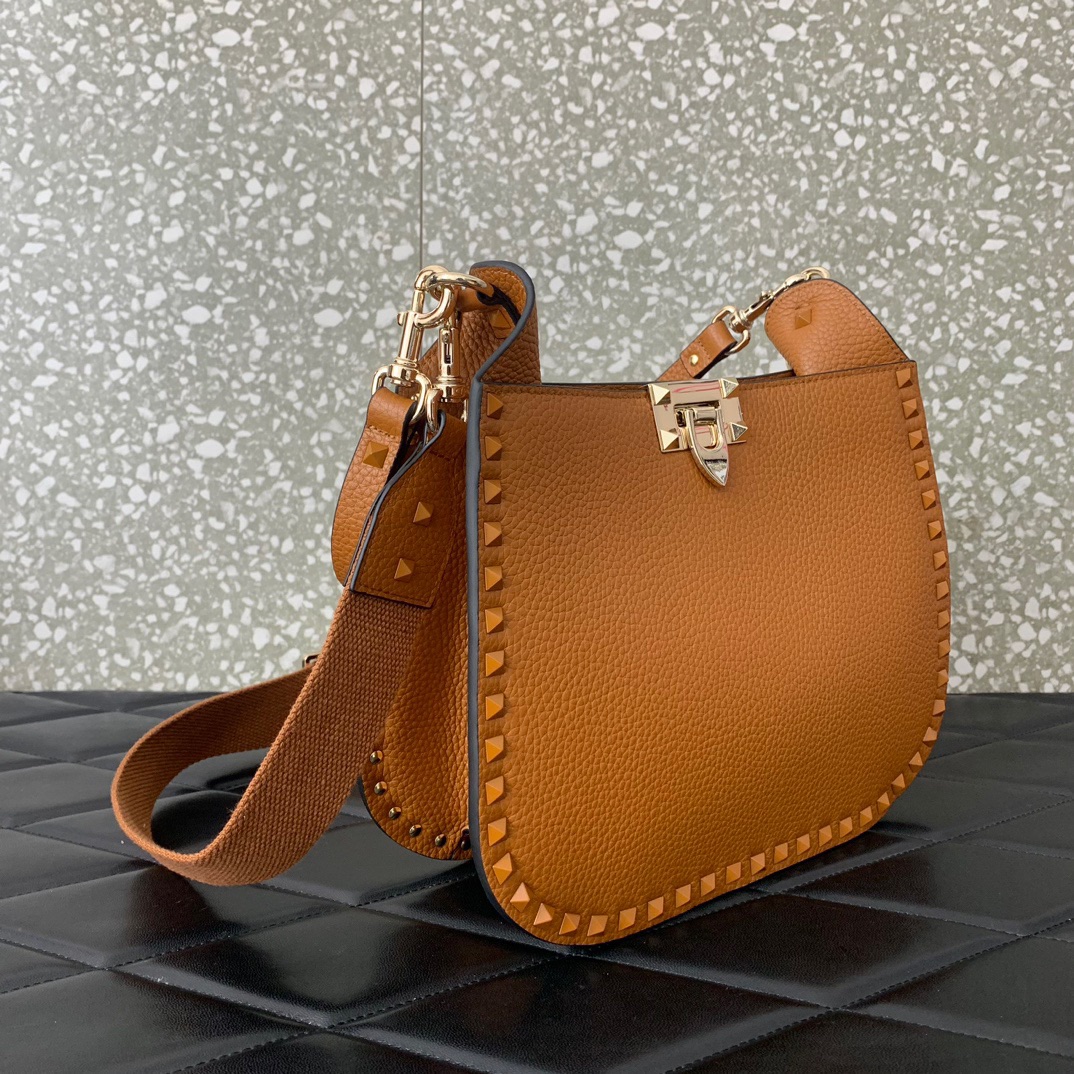 Valentino Garavani Rockstud Hobo Bag in Brown Grainy Calfskin